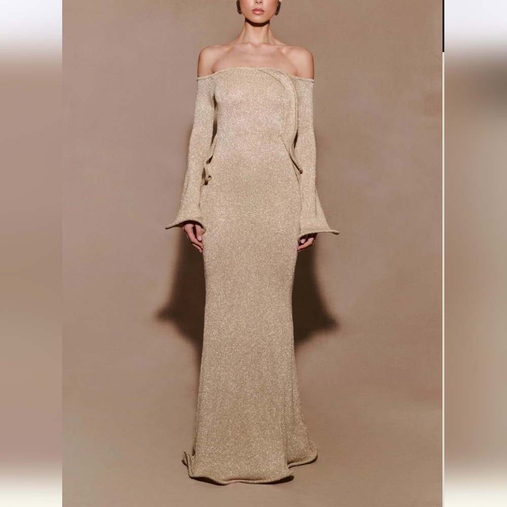 Meshki Sandrine Off-Shoulder Gold Evening Gown Wired Maxi Dress Medium